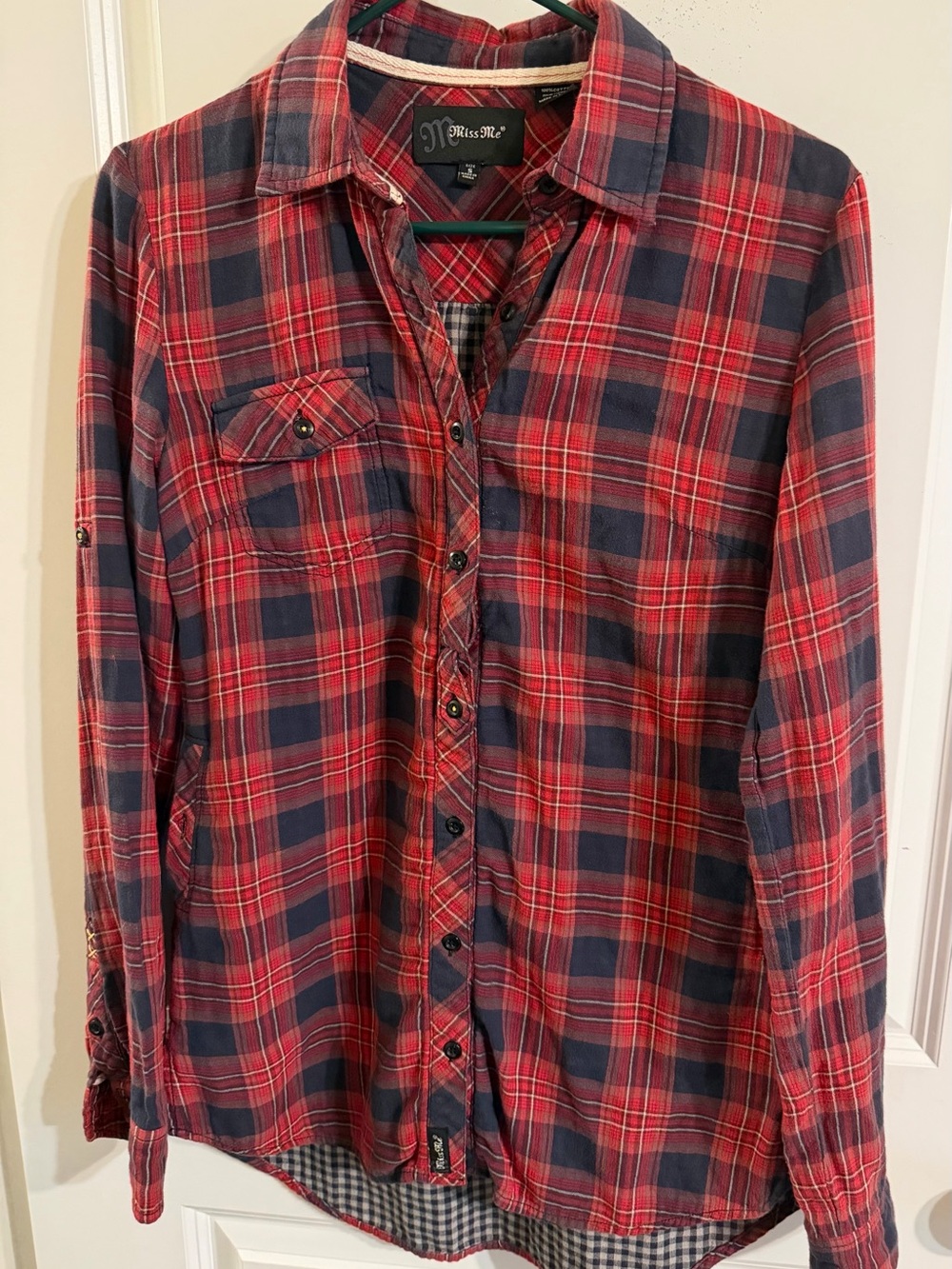 Miss Me Women's Red and Navy Plaid Button-Up Shirt